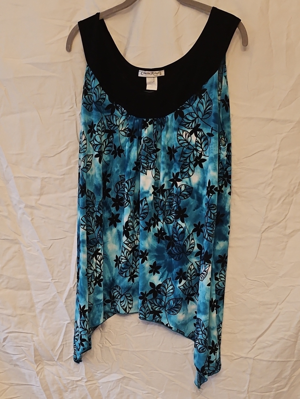 Claudia Richard Blue Floral Tank Top with Black Trim
